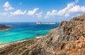 Marvelous landscape of a rocky hill, Balos beach with fantastic white sand and three seas: Ionian, Aegean and Libyan. Great summer Royalty Free Stock Photo