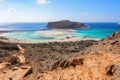 Marvelous landscape of a rocky hill, Balos beach with fantastic white sand and three seas: Ionian, Aegean and Libyan. Great summer Royalty Free Stock Photo