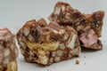 A marvelous mix of sultanas, marshmallows, biscuit pieces, crispy rice and glacÃÂ© cherries covered in milk chocolate