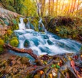 Marvelous morning view of pure water waterfall in Plitvice National Park. Attractive autumn scene of Croatia, Europe. Royalty Free Stock Photo