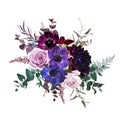 Marvelous violet, purple and burgundy anemone, dusty mauve and lilac rose, dark dahlia