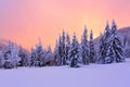 Marvelous winter sunrise high in the mountains in beautiful forests and fields.