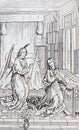 Mary angel Annunciation by Roger van der Weyden engraved in a vintage book History of Painters, author Jules Benouard, 1864, Paris