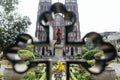 Mary and Infant Jesus statue in front of St. Joseph`s Cathedral that look through the cross in the morning at Hanoi, Vietnam