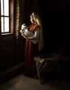 Mary in the stable near the manger with the baby Royalty Free Stock Photo