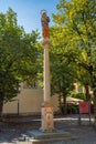 Mary statue in front of the Heilig-Kreuz-Muenster Holy Cross cathedral, SchwÃÂ¤bisch GmÃÂ¼nd. South German, Baden-WÃÂ¼rttemberg,