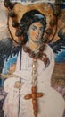 Mary Tears rosary with beaded cross, Archangel Gabriel wooden icon, White Angel