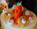 Marzipan art, chicks in vermicelli nest, pastry work