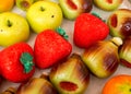 Marzipan assortment. Sweet marzipan with colorful fruit shapes. Marzipan is a typical Sicilian sweet. Italian food