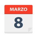 Marzo 8 - Calendar Icon - March 8. Vector illustration of Spanish Calendar Leaf