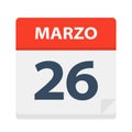 Marzo 26 - Calendar Icon - March 26. Vector illustration of Spanish Calendar Leaf