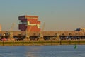 MAS museum with old industrial cranes in front, view from across river Scheldt in Antwerp