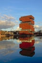 MAS museum reflecting in the water of Willemdok dock in Antwerp Royalty Free Stock Photo