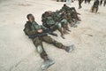 Masada, Israel. 23 October 2018: Soldiers of the Israeli Army lying on the ground and resting after maneuvers and march-throw in