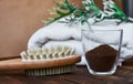Masage brush, body skin care and coffee natural scrub in glass, white towel and greens on dark wooden background.
