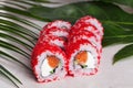 Masago Sushi roll Orange red Philadelphia cheese, salmon, green onion still life on trapicheskih Cunha leaves Japanese