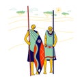 Masai Characters Wearing Traditional Clothes and Armed with Spear and Shield Stand on African Landscape Background