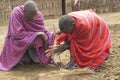 Masai male making fire by rubbing sticks together in village near Tsavo National Park, Kenya, Africa Royalty Free Stock Photo