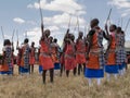 MASAI MARA, KENYA- 26, AUGUST, 2016: wide view of a group of maasai boys dancing at koiyaki guiding school