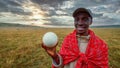 A Masai safari guide holding an ostrich egg in the Masai Mara, Kenya.