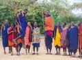 Masai-Mara tribe, Kenya - January 18, 2019: Group of african men of Masai tribe indigenous tribe of Kenya are dancing.