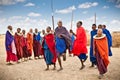 Masai warriors dancing traditional jumps as cultural ceremony, T Royalty Free Stock Photo