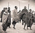 Masai warriors dancing traditional jumps as cultural ceremony, Royalty Free Stock Photo