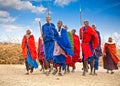 Masai warriors dancing traditional jumps. Tanzania. Royalty Free Stock Photo