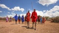 Masai warriors lining up for traditional dancing and singing