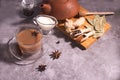 Masala chai with spices. Cinnamon Stick, Thai Cardamom, Ginger, Clove, Star Anise, Black Peppercorns, Fennel Seeds