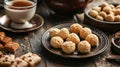 Masala chai with sweet biscuits and ladoos in a rustic setting . Royalty Free Stock Photo