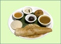 Masala dosa, South Indian meal Set Dosa, sambhar and coconut chutney, idli, sweet rasgulla and vada Royalty Free Stock Photo