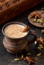 Masala pulled tea chai latte hot Indian sweet milk spiced drink, nutmeg, fresh spices and herbs blend Royalty Free Stock Photo