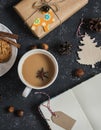 Masala tea and Christmas decorations, gifts and cookies. Royalty Free Stock Photo