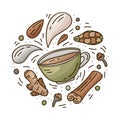 Masala tea, coffee or hot chocolate. Round doodle template. Hand drawn vector food concept. Contour illustration for card, sticker