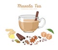 Masala tea in glass cup Isolated on white. Spices for Indian drink.