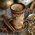 Masala tea in a tall cup with patterns. Indian traditional tea.