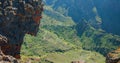 Masca Gorge or Barranco de Maska from the peak of the mountain peak. Rocky mountains in the foreground. Mirador La Cruz Royalty Free Stock Photo