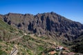 Masca - Panoramic view on the narrow winding curvy mountain road to remote village Masca, Teno mountain massif, Tenerife Royalty Free Stock Photo