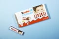 Mascara, Algeria -May 03, 2023: Closeup of Kinder Chocolate Candy made by Ferrero SpA isolated on blue background