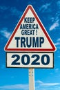 Mascara, Algeria - October 14, 2020: Presidential election political sign road in support of Donald J. Trump with Keep America Gre