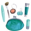Mascara, blush and brush, lipstick and lip gloss in a cosmetic bag. Watercolor hand drawn. Turquoise. Silver