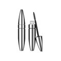 Mascara brush. 3d blank, silver mascara closed and open tube with brush. Vector illustration of cosmetic product