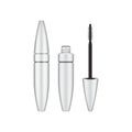 Mascara brush. 3d blank, white mascara closed and open tube with brush. Vector illustration of cosmetic product