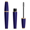 Mascara in dark purple tube with a brush, with golden trim, open and closed packaging