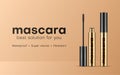 Mascara in golden tube container brush promo banner realistic vector illustration Royalty Free Stock Photo