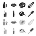 Mascara, hairbrush, lipstick, eyebrow pencil,Makeup set collection icons in black,monochrome style vector symbol stock