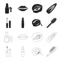Mascara, hairbrush, lipstick, eyebrow pencil,Makeup set collection icons in black,outline style vector symbol stock