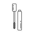 Mascara line art icon. Set of separate tube, eyelash brush. Black simple illustration of decorative cosmetics, female makeup. Royalty Free Stock Photo