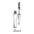 Mascara open tube with inscription, hand drawn doodle sketch with inscription, isolated vector